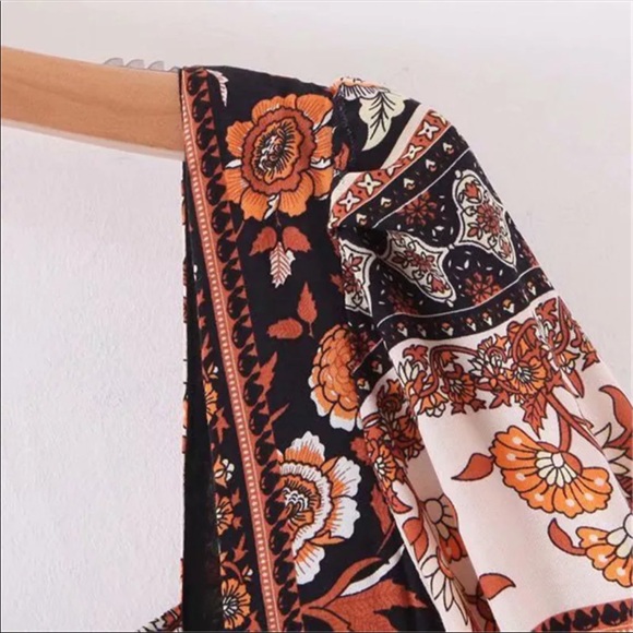 Milkmaid Puff Sleeve Boho Floral Print Dress Black - Picture 4 of 6